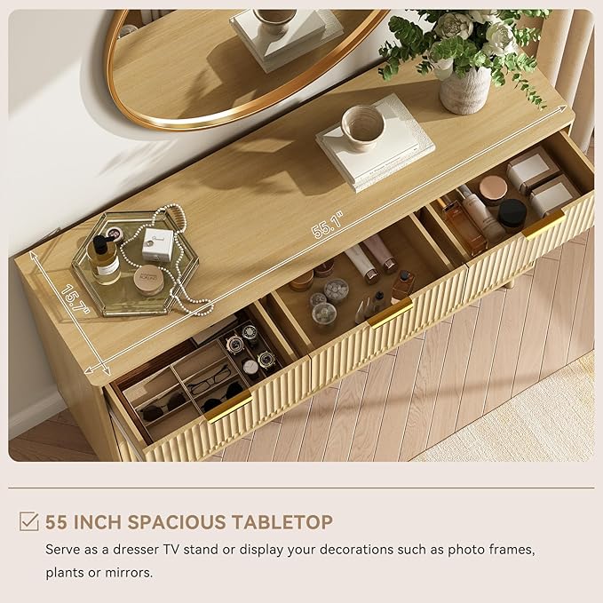 CARPETNAL Fluted 9 Drawer Dresser for Bedroom, 55" Wide Wooden Chest of Drawers with Rounded Corners, Gold Handles, Modern Storage Organizer for Bedroom, Hallway (Oak)
