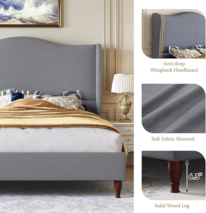koorlian Queen Bed Frame Upholstered Platform Bed with 51" Tall Headboard Wingback, Soft Fabric, Retro Simple Style No Box Spring Needed, Easy Assembly, Grey