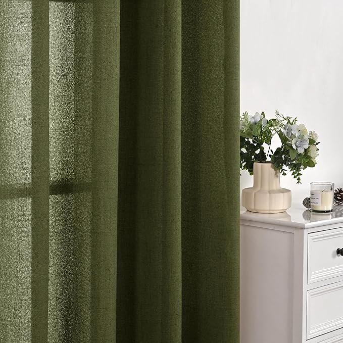 YoungsTex Extro Long Linen Curtains 108 Inch Length for Living Room, Semi Sheer Drapes Light Filtering with Bronze Grommet for Dining Bedroom Country, Olive Green, 2 Panels, 52 X 108 Inch