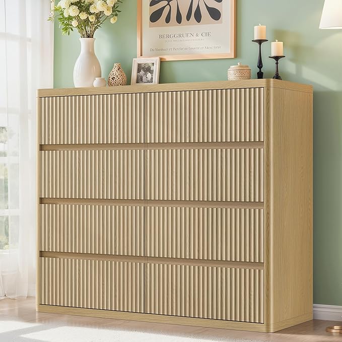 8 Drawer Dresser, Modern Fluted Dressers & Chest of Drawers for Bedroom, 48" Wide Dresser TV Stand with Deep Drawer, Curved Wood Organizer for Bedroom, Living Room, Hallway, Natural
