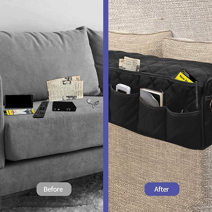 MEHIDFY Armchair Caddy, Waterproof Sofa Armrest Organizer, Non Slip Recliner Organizer, Remote Holder for Recline, Recliner Caddy with 14 Pockets Storage for TV Remote, Phone, Magazine (Black)