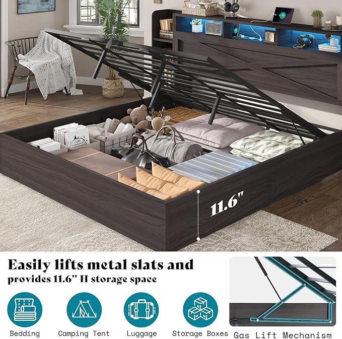 AMERLIFE Full Size Lift Up Storage Bed Frame, 45.1" LED Bed Frame with 2 Side Shelf & Bookcase Headboard, Farmhouse Wood Platform Bed with Charging Station, No Box Spring Needed, Black