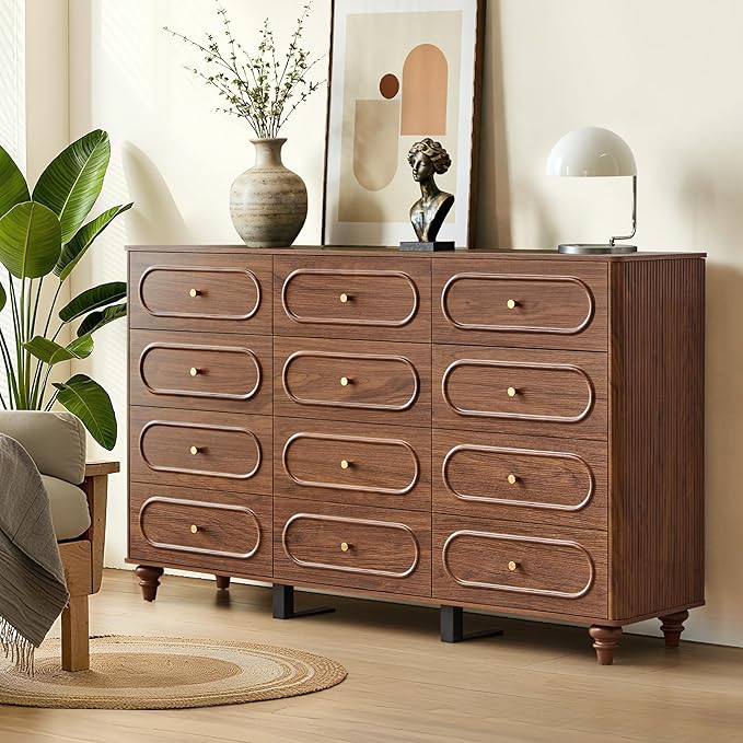 12 Drawer Fluted Dresser for Bedroom, Mid Century Modern Chest of Drawers, Wood Storage Small Dresser Organizer for Bedroom Living Room Hallway Closet, Walnut