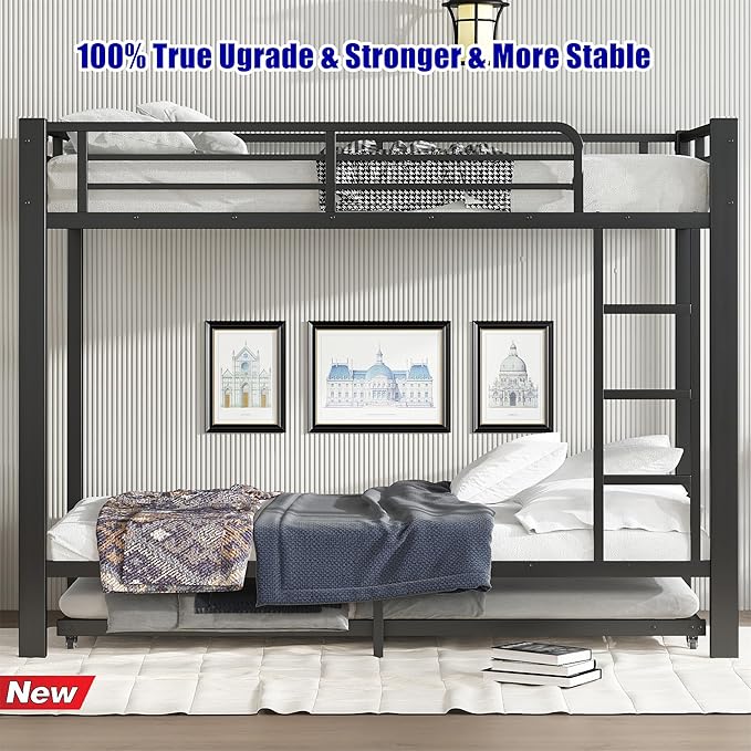 Higher Quality & Stronger Heavy Duty Metal Bunk Bed Frame Twin XL Over Twin XL Size with Twin Size Trundle for Adults Teens, Thickened More Stable Steel Bunkbed