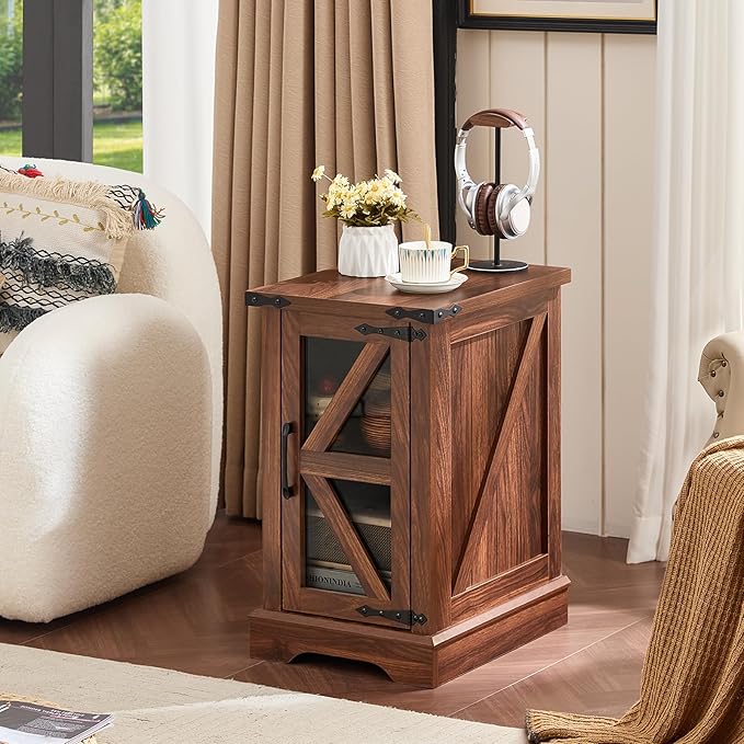 Farmhouse End Table Set 3, Narrow 18'' Night Stand with Glass Barn Door, 24" Square Side Table with Charger Station, Living Room Furniture Sets, Wood Nightstand Bedside Tables for Bedroom