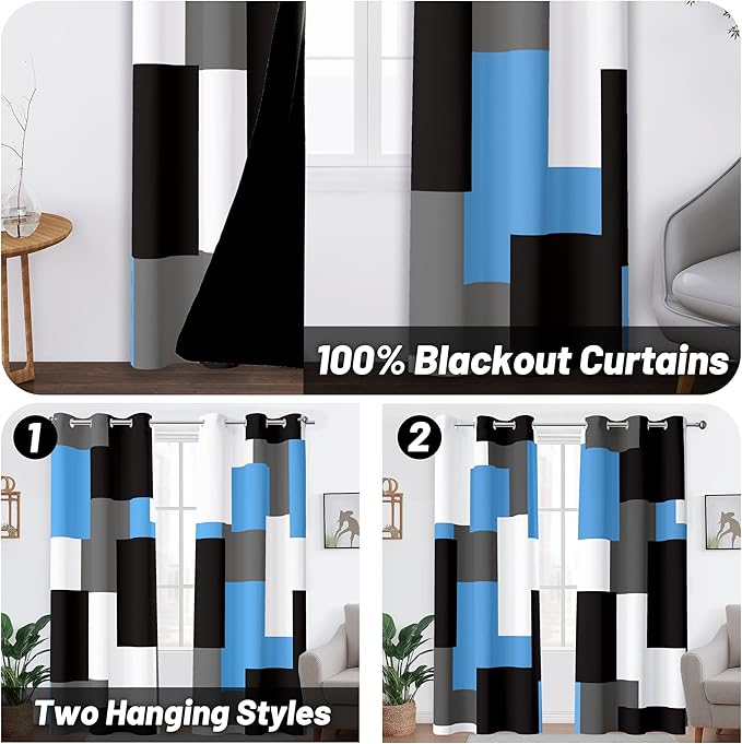 Light Blue 100% Blackout Curtains for Bedroom 63 inch Length 2 Panels Set Black Grey Modern Abstract Geometric Black Out Curtains Insulated Room Darkening Window Drapes for Living Room, 42Wx63L