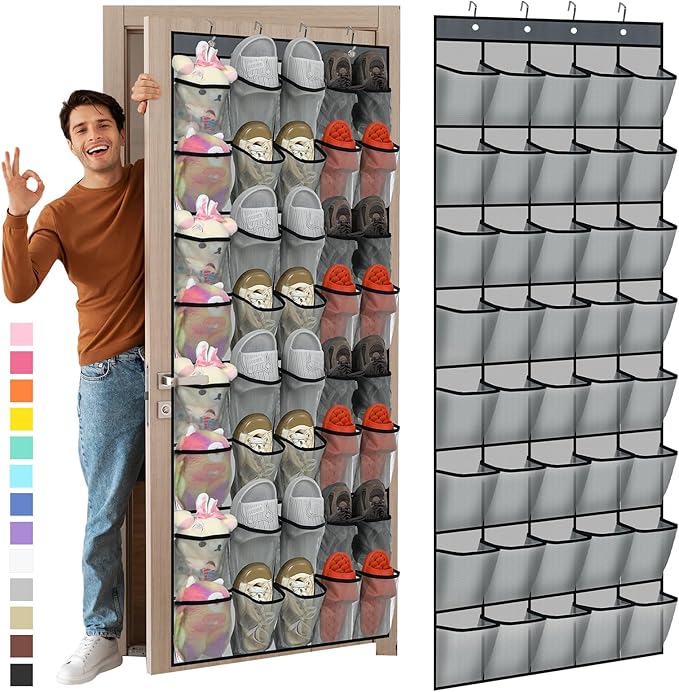 Windyun Over the Door Shoe Organizer with 40 Large Breathable Mesh Pocket, Space Saving Hanging Shoe Rack Hanger Gray Behind the Door Storage Holder for Entryway Closet Bedroom Utility Room Women Men