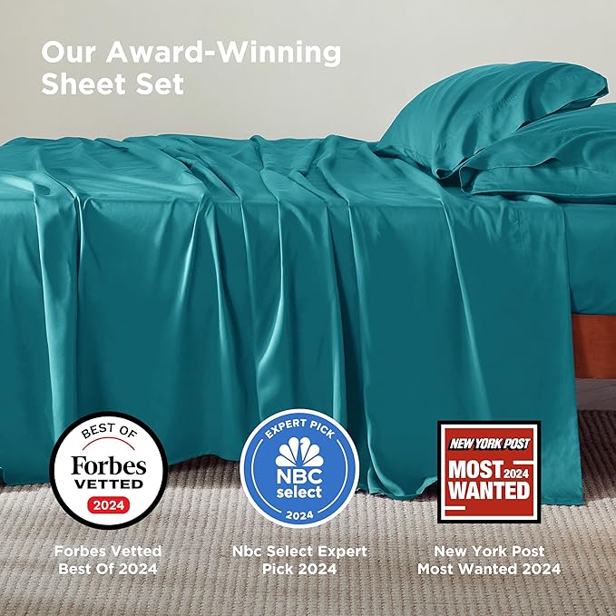 Bedsure Queen Sheet Set, Rayon Derived from Bamboo, Cooling Sheets, Breathable & Soft, Deep Pocket Up to 16 Inches, Hotel Luxury Silky Bedding for Hot Sleepers, Turquoise