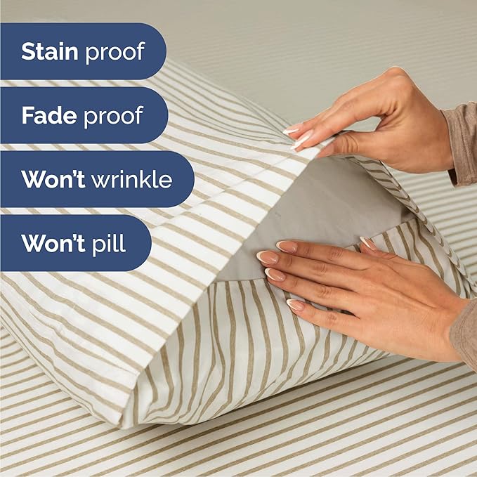 Cal King 6 Piece Sheet Set - Cooling & Breathable - Hotel Luxury Bedding, Includes Fitted Sheet for Women, Men, Kids & Teens - 1 Flat, 1 Fitted Sheet, 4 Pillowcases w/Deep Pockets - Beige Stripes