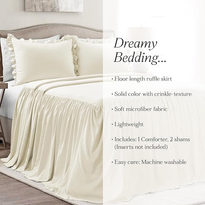 Lush Decor Ruffle Skirt Bedspread Set - 3-Piece Luxurious Farmhouse Bedding - Elegant Ruffle Detail - Timeless Style - Soft Lightweight Sheets - Queen, Ivory