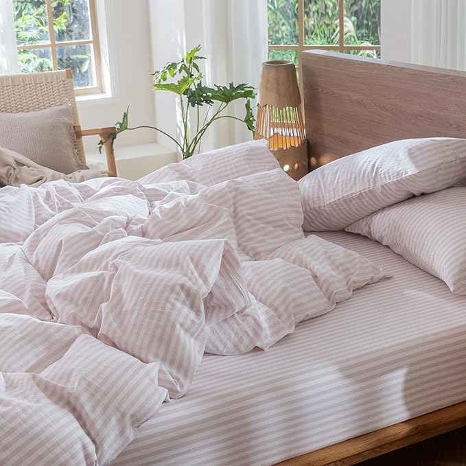 MooMee Striped Duvet Cover Set 100% Washed Cotton Linen Like Textured Breathable Durable Soft Comfy (Heathered Greyish Pink Classic Stripes, Queen 90"x90")