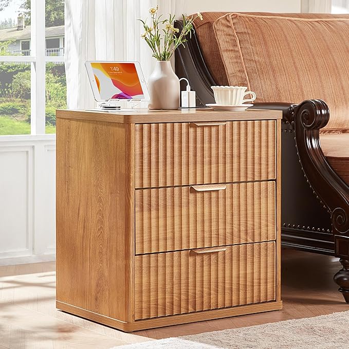 LEYAOYAO 23" Wide Fluted Night Stand with Charging Station, 3 Drawers Large End Table with Storage, Brown Nightstand Wood Bedside Tables, Farmhouse Cabinet Dresser for Bedroom, Living Room,Closet