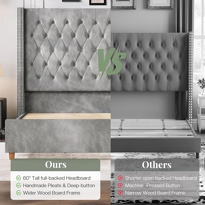 Jocisland California King Bed Frame with 61.4" Tall Wingback Headboard, Velvet Upholstered Platform Bed, Handcrafted Pleats& Deep Button Tufted, Solid Wood Legs, No Box Spring Required, Gray
