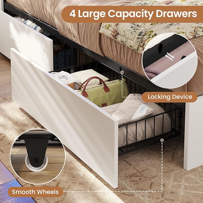VIAGDO Farmhouse Bed Frame King Size with Bookcase Storage Headboard, Charging Station and LED Lights, Wooden King Bed Frame with 4 Drawers, Barn Door Design, No Box Spring Needed, No Noise, White