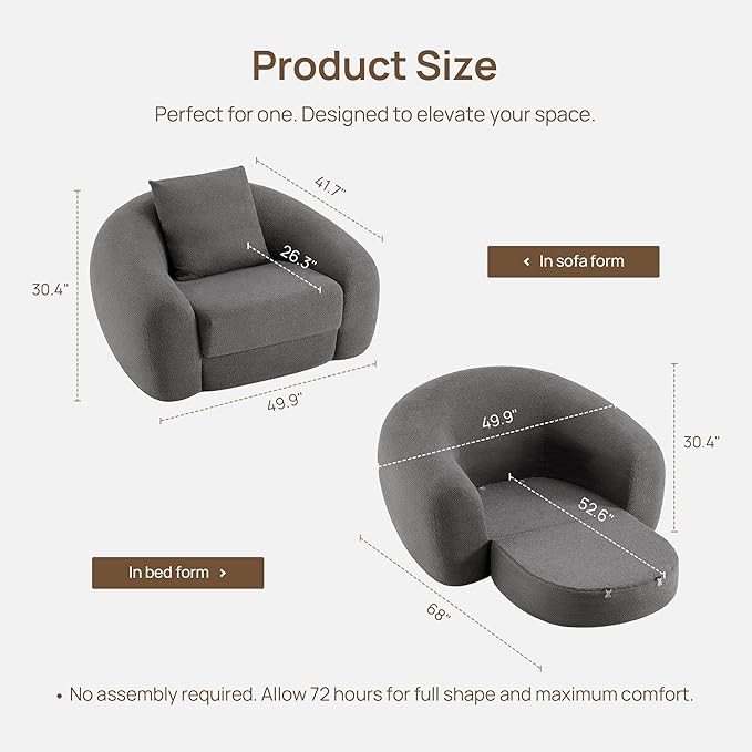 SICOTAS 49.9" Curved Convertible Sofa Couch Bed for Living Room Futon Cloud Boneless Sleeper Chair Pull Out Floor Couch with Deep Seat Single Foam Lounger No Assembly for Bedroom Apartment, Dark Grey