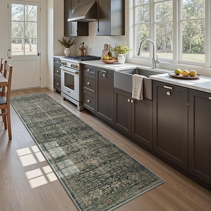 MontVoo-Vintage 2x10 Runner Rug-Soft Green Washable Runners for Hallways-Non Slip Bedside Rugs for Bedroom-Machine Washable Long Rug for Hallways Entryway Laundry Room Stair Kitchen Bathroom