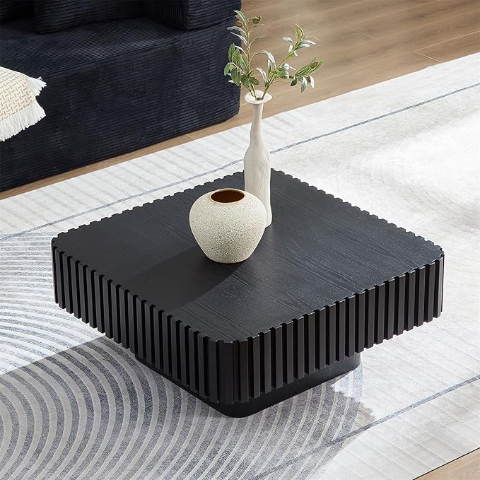 LKTART Square Coffee Table for Living Room, Accent Fluted Coffee Table with Storage, Modern Solid Wood Veneered Large Center Tea Table for Small Space Apartment (31.5''D×14''H-Black)