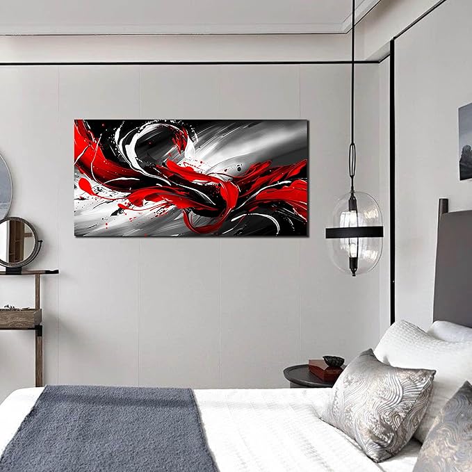 Black White and Red Abstract Print Picture Painting Large Canvas Wall Art for Living Room Bedroom Framed Canvas Wall Decor Modern Room Abstract Wall Decorations Artwork Size 24x48 Ready to Hang