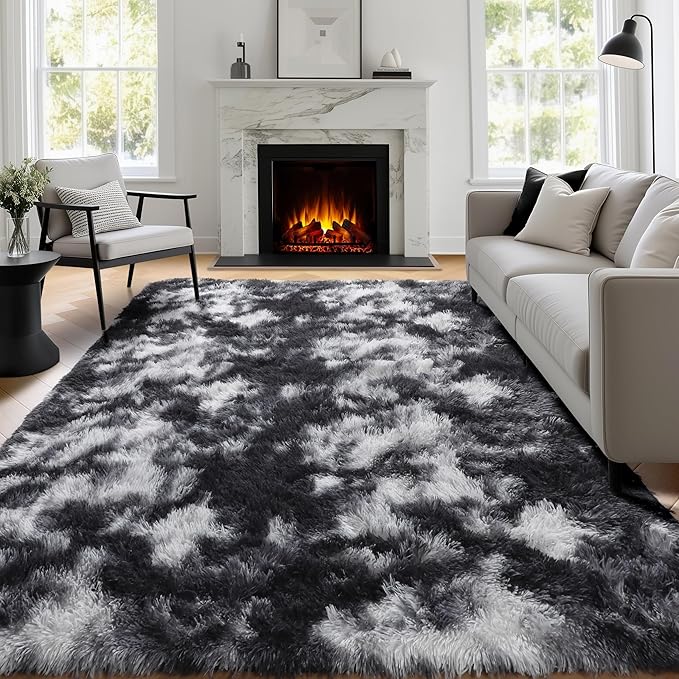 PAGISOFE Black White Grey Bedroom Rugs 4x6 Ft, Soft Fluffy Fuzzy Plush Indoor Floor Area Rug for Living Room Kids Room Playroom Dorm Home Office Nursery Men Boys Rooms Decor Carpet Aesthetic