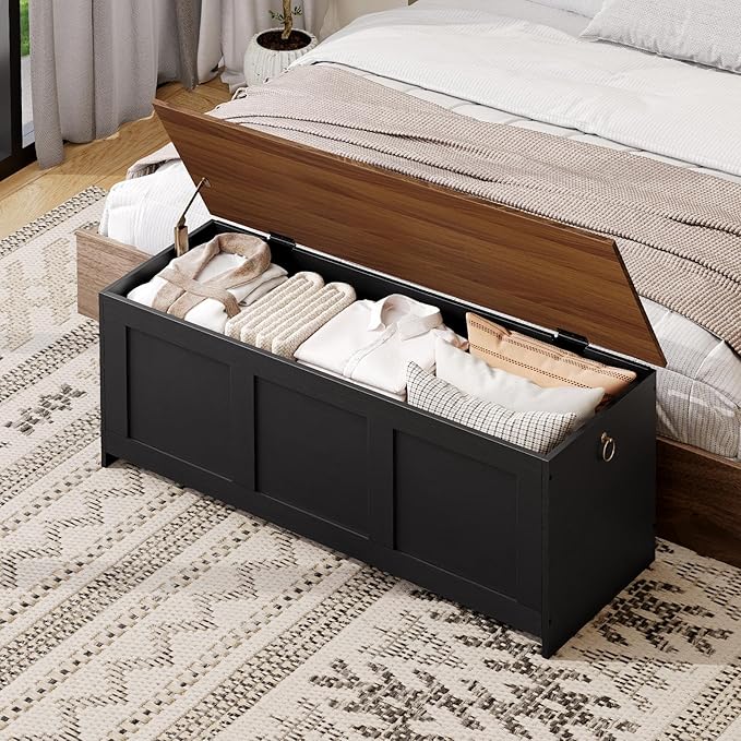 HOOBRO Storage Bench, 47.2" Retro Wooden Storage Chest, Wooden Storage Trunk, Toy Chest with Lift Top, Multifunctional Entryway Organizer, for Entryway, Living Room, Black and Walnut BH412CW01