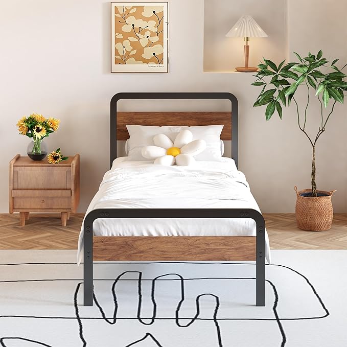 12 Inch Twin XL Bed Frames with Wooden Headboard and Footboard, No Box Spring Needed, Heavy Duty Metal Mattress Foundation, Noise Free, Easy Assembly, Black
