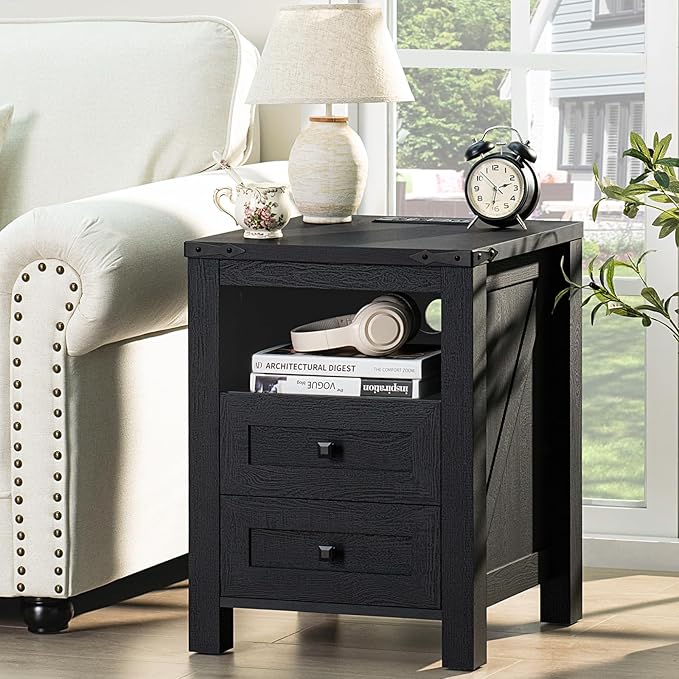 Joaxswe Nightstand with Charging Station, Farmhouse Night Stand with 2 Drawers and Shelf Storage, Wooden Side End Table, Bedside Cabinet for Bedroom, Living Room, Closet, Office (Black)