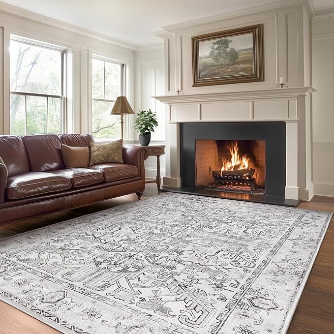 jinchan Lima 8x10 Machine Washable Area Rugs for Living Room - Vintage Floral Stain Resistant Low Pile Ultra-Thin Non Slip Accent Rug for Bedroom Kitchen Dining Room Home Office (8x10ft, Grey)