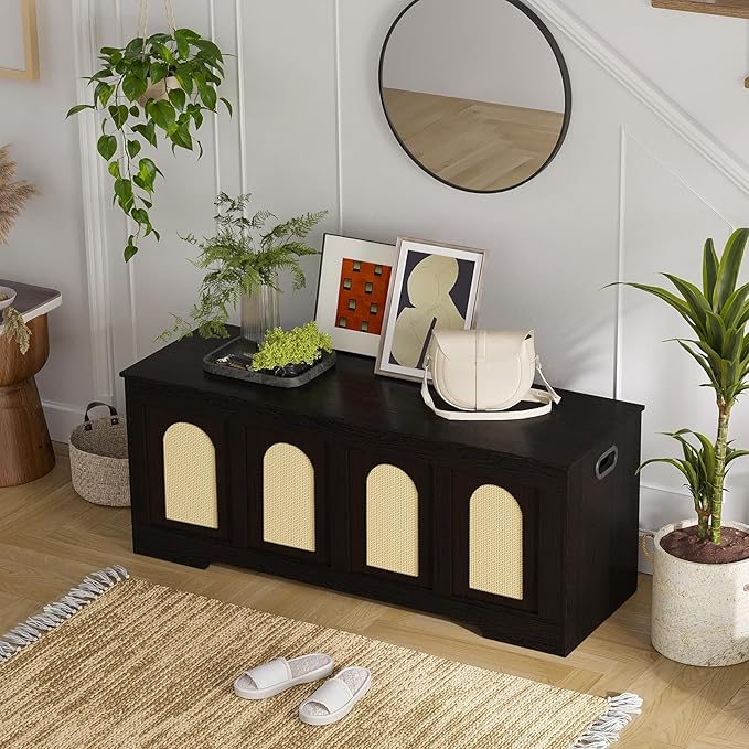 DINZI LVJ Storage Chest, 47.2" Rattan-Like Toy Box with 2 Safety Hinges, Wooden Entryway Storage Bench with Flip-Top, Large Trunk for Living Room, Bedroom, Easy Assembly, Espresso and Natural