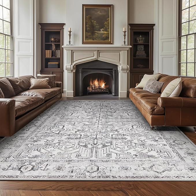 jinchan 9x12 Machine Washable Area Rugs for Living Room - Vintage Floral Stain Resistant Low Pile Ultra-Thin Non Slip Accent Rug for Bedroom Kitchen Dining Room Home Office (9x12ft,Grey)