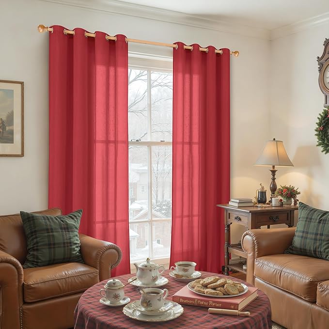 YoungsTex Red Linen Curtains 84 Inches Long for Living Room, Light Filtering Drapes with Grommet Semi Sheer Privacy for Christmas Bedroom Dining Room, 2 Panels, 52 X 84 Inch
