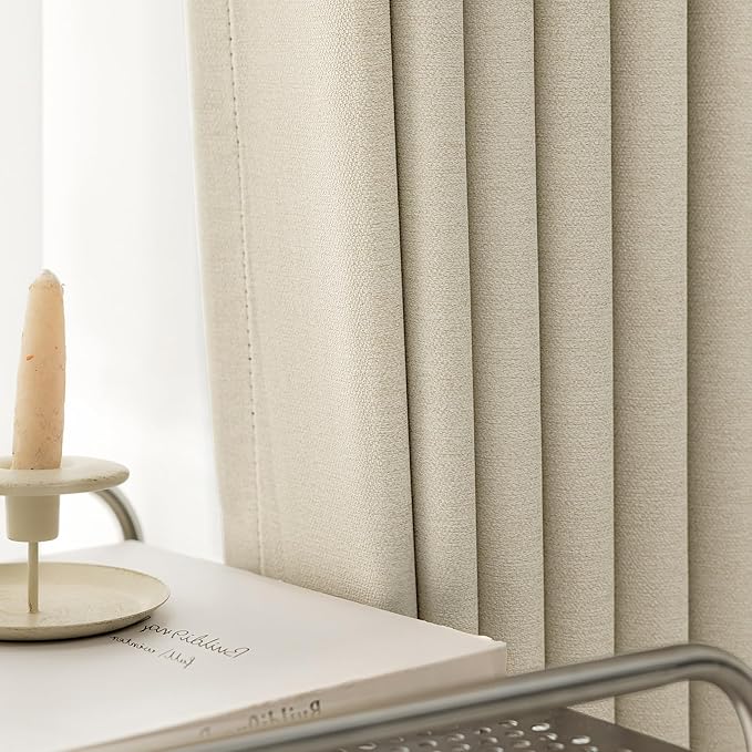 Blackout Grommet Linen Curtains for Living Room, Linen-Look Textured Full Light Blocking Room Darkening Thermal Insulated Drapes for Bedroom 2 Panels (W52xL92, Cream)
