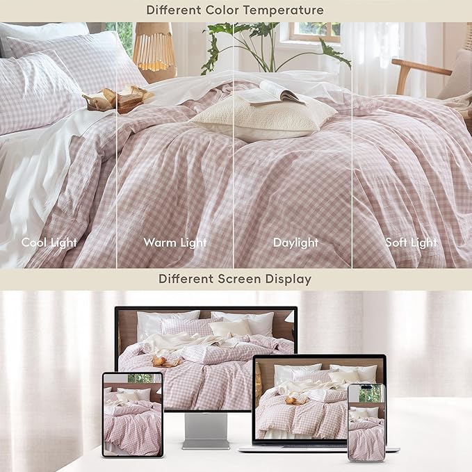 MooMee Gingham Duvet Cover Set 100% Washed Cotton Linen Like Textured Breathable Durable Soft Comfy Modern Checkered Design (Classic Gingham Greyish Pink, Palatial King/Oversized King 120"x98")