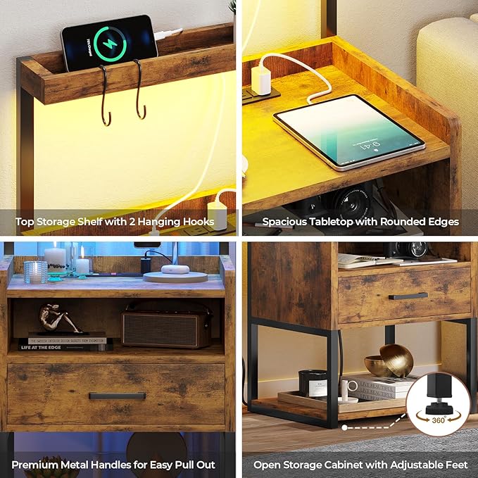 VIAGDO Rustic Brown Nightstands Set of 2 with Charging Station and LED Lights, LED Night Stand Set 2 with Drawer, Rustic End Side Table with Open Storage Shelves, Bedside Tables for Bedroom, Office
