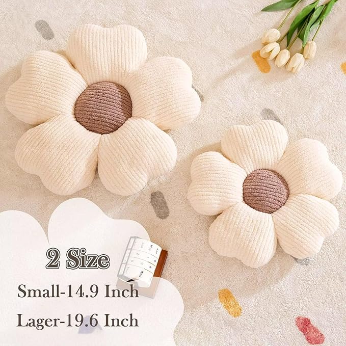 Kcvvcr Flower Throw Pillow, Cute Flower Shaped Pillow Decorative Throw Pillow for Bed Couch, Soft Daisy Pillows Floor Seating Cushion Cushions (19.6 Inch Ivory+Brown)