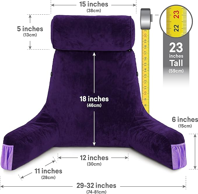 Husband Pillow Medium Purple, Backrest for Kids, Teens, Petite Adults - Reading Pillows with Arms, Adjustable Loft, Plush Memory Foam, Bed Rest Chair for Sitting Up, Detach Neck Roll, Removable Cover