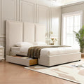 YUHUASHI King Size Bed Frame with 64-inch High Headboard, Simple and Airy Linen Upholstered Platform Bed with Storage Drawers, Wood Slat, No Noise (Beige, King)