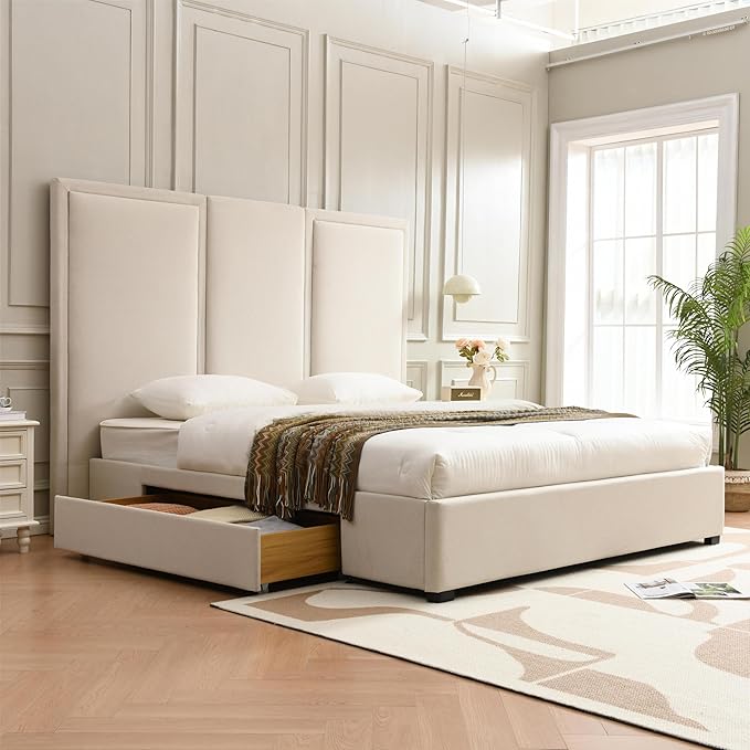 YUHUASHI King Size Bed Frame with 64-inch High Headboard, Simple and Airy Linen Upholstered Platform Bed with Storage Drawers, Wood Slat, No Noise (Beige, King)