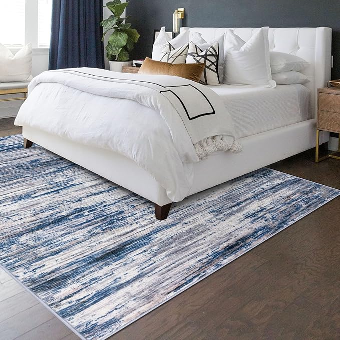 5x7 Modern Abstract Area Rug for Bedroom, Navy Blue Gray Neutral Multi Large Super Soft Washable Rug with Non-Slip, Non-Shedding Rugs for Living Room, Indoor Door Mat for Home Décor