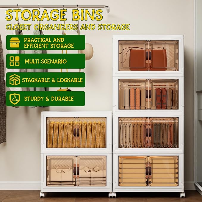 Storage Bins with Lids and Wheels, 180QT-45QT*4Tier Collapsible Bathroom Storage Cabinet with Clear Doors, Plastic Stackable Closet Organizers and Containers White