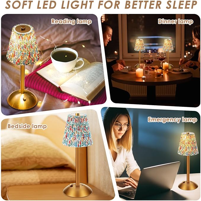 Liliful 2 Pcs Cordless Table Lamp Rechargeable Touch LED Small Gold Portable Battery Operated USB-c Desk Lamp 3 Color Dimmable for Bedroom Living Room Dining (Gold,Floral Style)