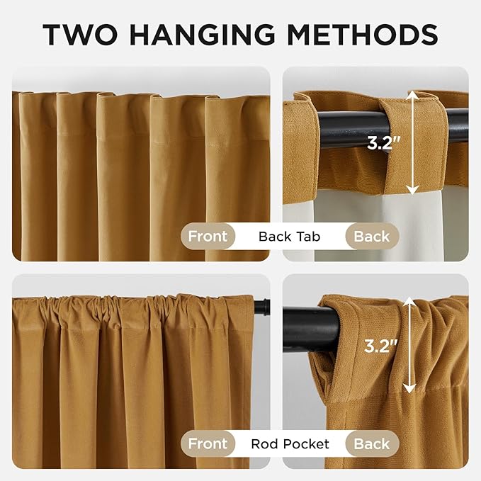 Joydeco Mustard Yellow 100% Blackout Curtains 120 Inch 2 Panels, Luxury Thermal Yellow Velvet Curtains for Bedroom Living Room, Soundproof Blackout Window Drapes, Rod Pocket & Back Tab (52W x 120L)