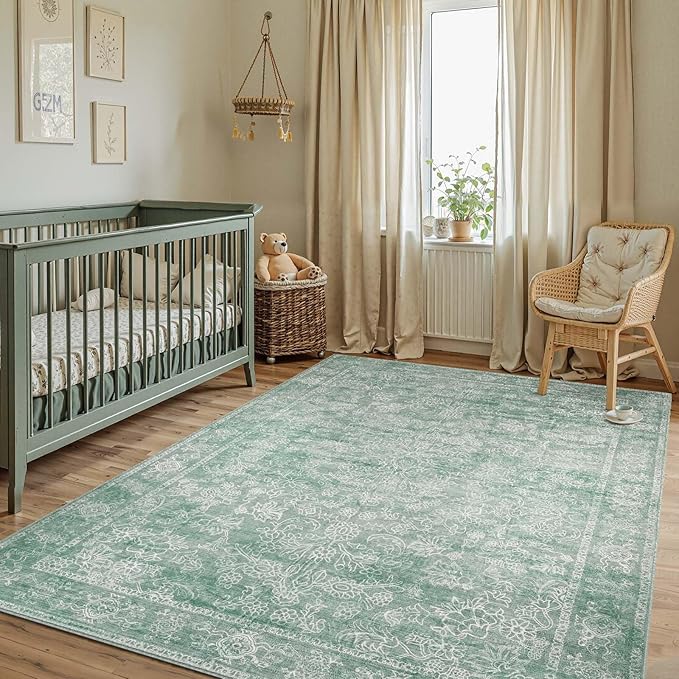 jinchan 6x9 Machine Washable Area Rugs for Living Room – Vintage Floral Soft Stain Resistant Low Pile Rug, Non Slip Ultra-Thin Carpet for Bedroom, Dining Room, Home Office, Nursery (6'x9', Green)