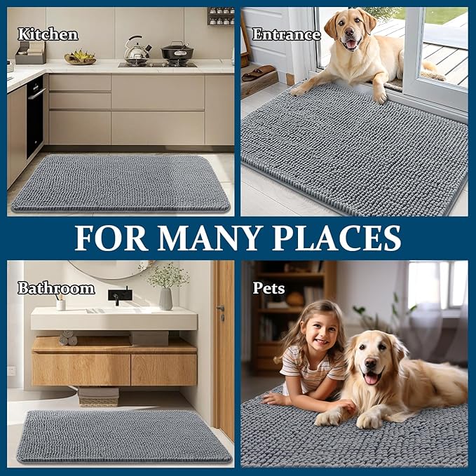 OLANLY Dog Door Mat for Muddy Paws 47x32, Absorbs Moisture and Dirt, Absorbent Non-Slip Washable Doormat, Quick Dry Chenille Mud Mat for Dogs, Entry Indoor Entryway Carpet for Inside Floor, Grey