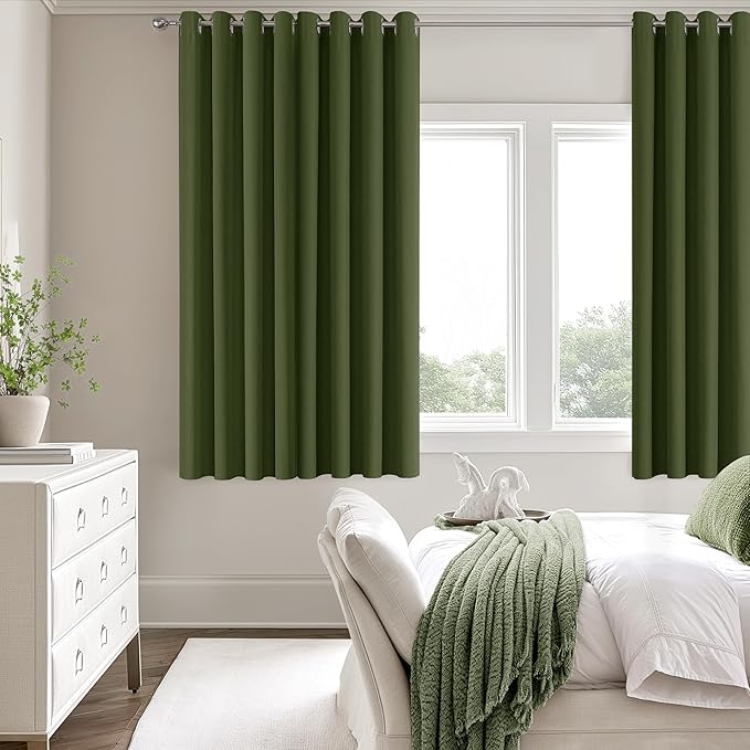 ChrisDowa 100% Blackout Olive Green Solid Curtains 63 Inches Long 2 Panels for Bedroom Living Room,Farmhouse Room Darkening Thermal Insulated Soundproof Grommet Top Window Treatment Drapes,52x63