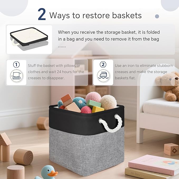 Fabric Cubes Storage Basket, 6 Pack 11x11 in with Handles Cube Storage Bins, for Shelves, Home, Office Organizers (Black/ Gray)