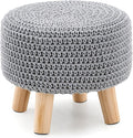 LGENHOOM Boho Ottoman Foot Stool Cotton Knitted Round Pouf Ottoman Foot Rest Stool with Non-Skid Wooden Legs Step Stool Padded Seat for Living Room Gray