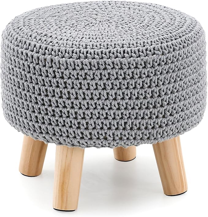 LGENHOOM Boho Ottoman Foot Stool Cotton Knitted Round Pouf Ottoman Foot Rest Stool with Non-Skid Wooden Legs Step Stool Padded Seat for Living Room Gray