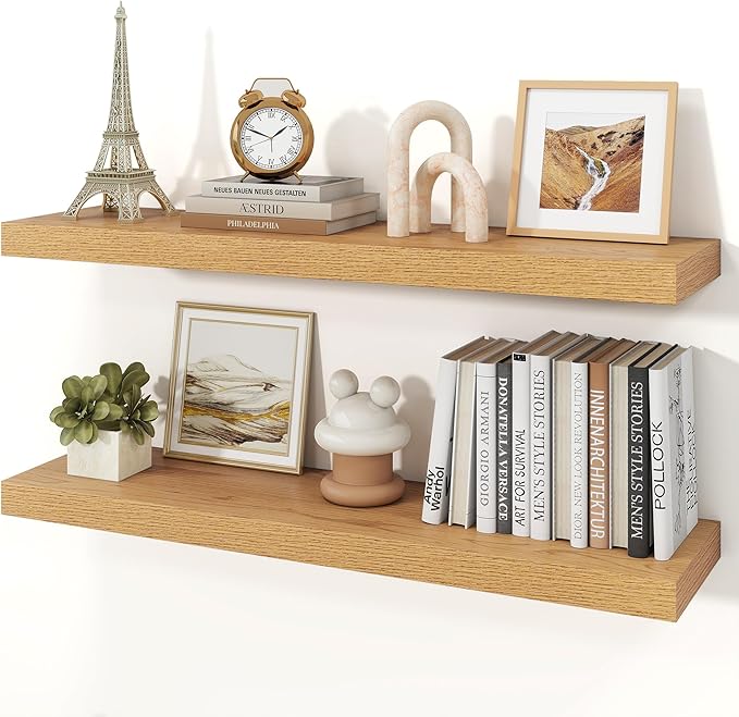 Floating Shelves for Wall, 9.3" Deep Wall Mounted Wood Shelves for Bathroom, Bedroom, Living Room, Kitchen, Hanging Shelf for Books/Storage/Room Decor (Oak, 36")