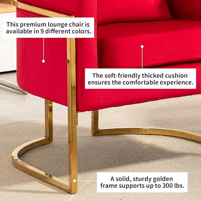 Velvet Modern Accent Chairs Set of 2, Upholstered Barrel Armchair Mid Century with Pillow for Living Room, Comfy Single Vanity Chair with Metal Gold Legs for Bedroom, Rose Red