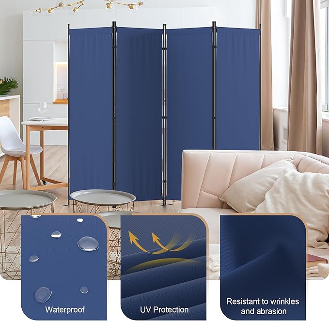 Room Divider, 4 Panel Folding Privacy Screen, 88” Portable Separating with 3 Metal Feet, Partition Room Dividers, Lightweight Freestanding Wall Divider Screen for Office Bedroom Hospital(Blue)